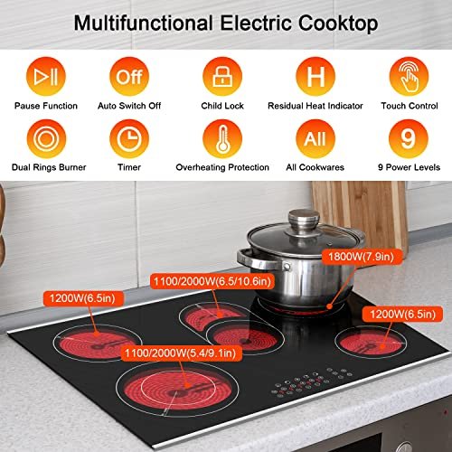 Karinear 30 Inch Electric Cooktop 30 Inch 5 Burner Drop-in Radiant Stovetop