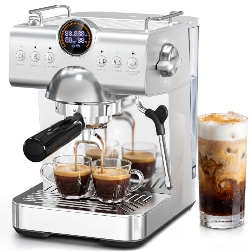 Kismile Espresso Machine with Milk Frother, 20Bar Hot & Cold Brew Semi-Automatic Expresso Coffee Machine with Single & Double Shot, LED Display for Home Barista Latte and Cappuccino