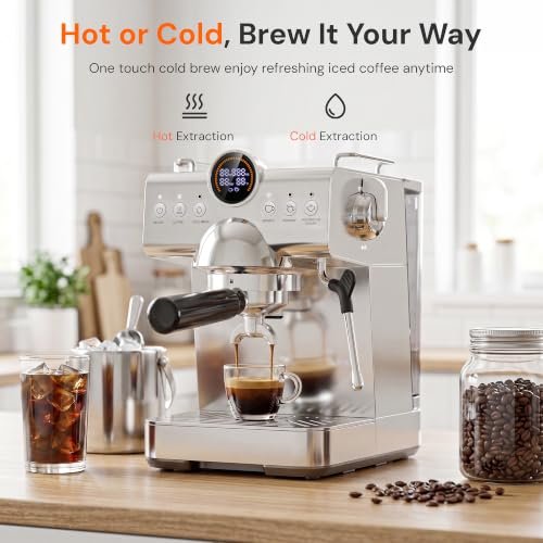 Kismile Espresso Machine with Milk Frother, 20Bar Hot & Cold Brew Semi-Automatic Expresso Coffee Machine with Single & Double Shot, LED Display for Home Barista Latte and Cappuccino