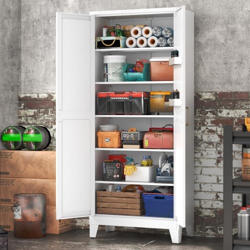 Kitchen Pantry Cabinet, Tall Metal Storage with Doors & Adjustable Shelves
