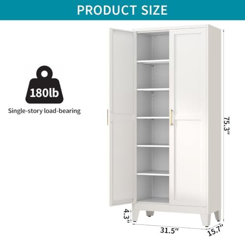 Kitchen Pantry Cabinet, Tall Metal Storage with Doors & Adjustable Shelves