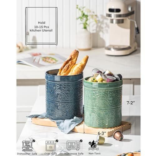 Kitchen Utensil Holder, 7 Inches Large Ceramic Utensil Holder for Countertop, Lace Emboss Cooking Utensil Crocks for Kitchen, Home Decor, Reactive Blue