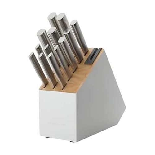 KitchenAid Slim Two-Tone Knife Block Set with Built-In Knife Sharpener, Stainless Steel Kitchen Knives, Sharp Kitchen Knife Set with Block, 14-Piece, White