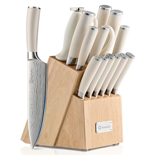 Knife Set with Block and Sharpener, 15 Piece Kitchen Knife Block Set