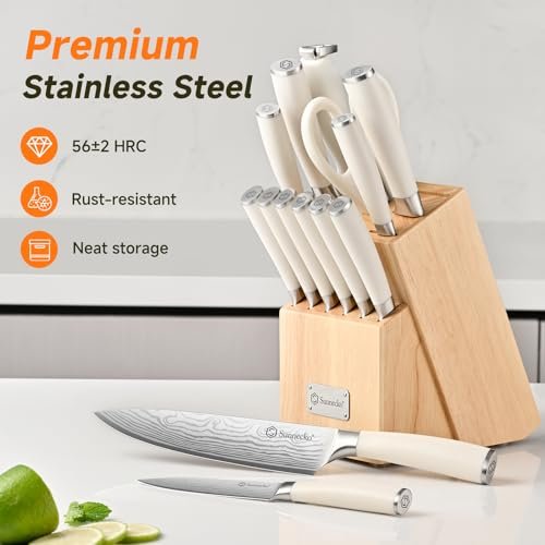Knife Set with Block and Sharpener, 15 Piece Kitchen Knife Block Set