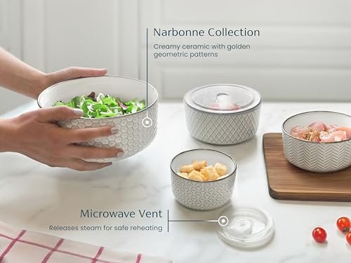 KooK Ceramic Nesting Bowls with Lids, Embossed Stoneware, Set of 4, Ivory