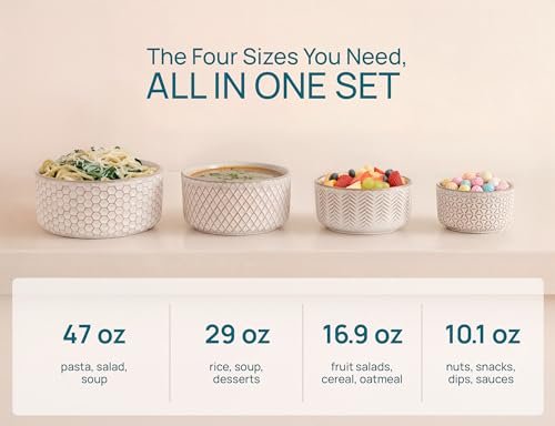 KooK Ceramic Nesting Bowls with Lids, Embossed Stoneware, Set of 4, Ivory