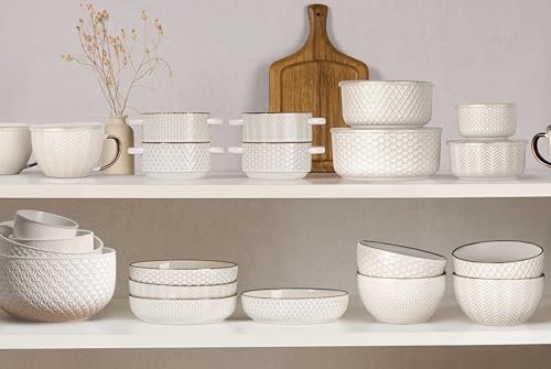 KooK Ceramic Nesting Bowls with Lids, Embossed Stoneware, Set of 4, Ivory
