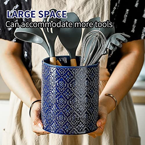 KOOV Kitchen Utensil Holder, Large Utensil Holders for Countertop, 6 x 7 Inches Ceramic Utensil Crock, Deep and Stable, Cooking Utensil Holder, Embossed Pattern (BLue)