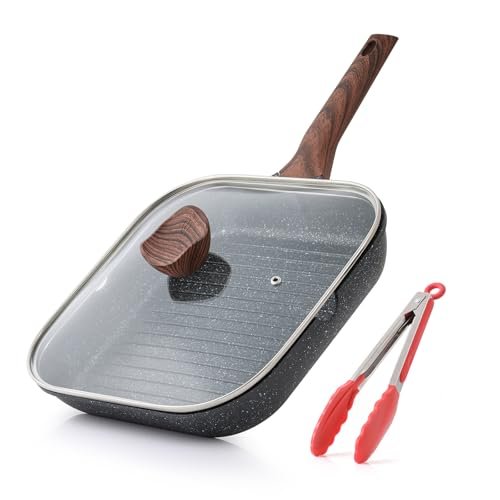Kordisen Nonstick Grilling Pan with Lid for Stove Tops, 11 Inch Square Grill Pan for Indoor Cooking, Granite Coating Grill Skillet with Pour Spouts, Versatile Griddle, Induction Steak Pan, PFOA Free