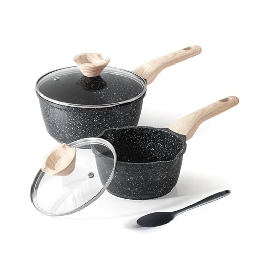 Kordisen Sauce Pan Set with Lid, 1.5Qt & 2.5 Qt Nonstick Cooking Pots with Pour Spout, Easy to Clean, Small Kitchen Induction Saucepan with Granite Coating, PFOA/PFOS Free (Black)