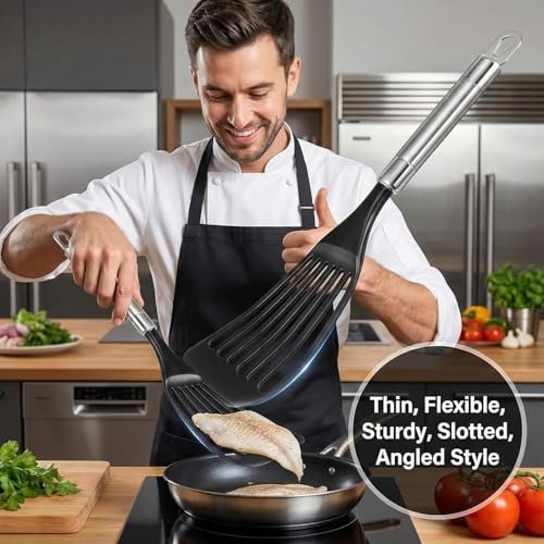 KSENDALO Thin Flexible Fish Spatula for Nonstick Cookware, Black