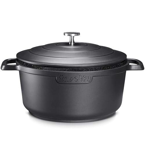 Large Dutch Oven Pot with Lid-7.5QT Cast Aluminum Oven Pot with Two Handles Lightweight for Bread Baking Braising and Roasting(Black)