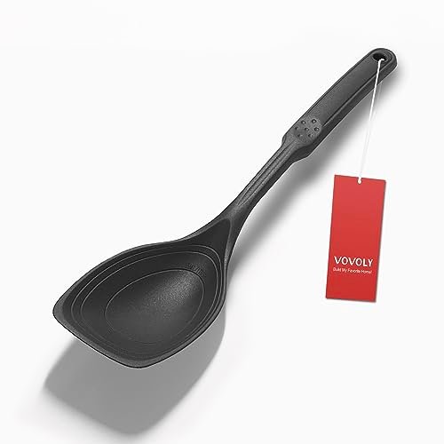 Large Silicone Cooking Spoon, Deep bowl & Measurement Mark, Solid, Black
