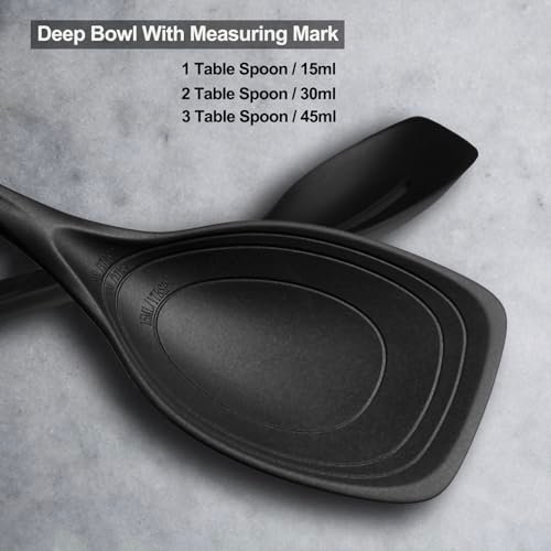 Large Silicone Cooking Spoon, Deep bowl & Measurement Mark, Solid, Black