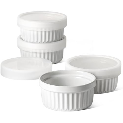 LE TAUCI Ramekins with Silicone Lids, 4 OZ Ceramic Soufflé Dishes, Ramekin Bowls for Crème Brûlée, Dessert, Dips, Oven & Microwave Safe, Set of 4, White