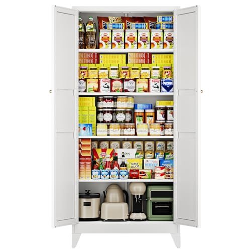 Letaya 75" H Metal Storage Cabinet with 2 Doors and 4 Shelves,Tall Kitchen Pantry Cabinets,Farmhouse Utility Pantry Organizers for Cupboard/Dining/Bathroom/Home Office/Garage Room,White
