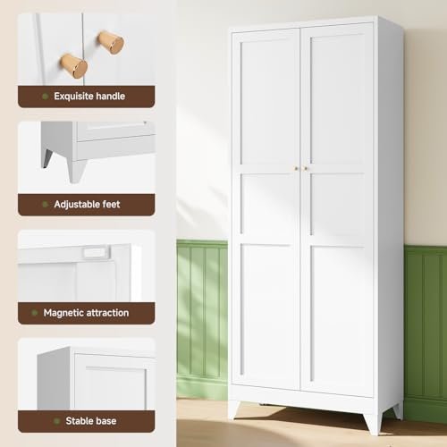 Letaya 75" H Metal Storage Cabinet with 2 Doors and 4 Shelves,Tall Kitchen Pantry Cabinets,Farmhouse Utility Pantry Organizers for Cupboard/Dining/Bathroom/Home Office/Garage Room,White
