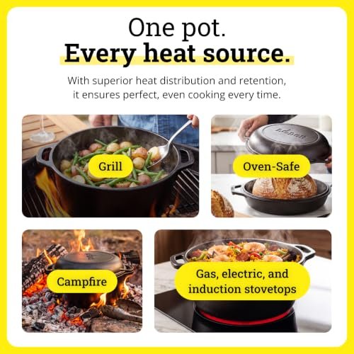 Lodge Cast Iron Double Dutch Oven, 2-in-1 Pot and Skillet Combo, 5 Quart