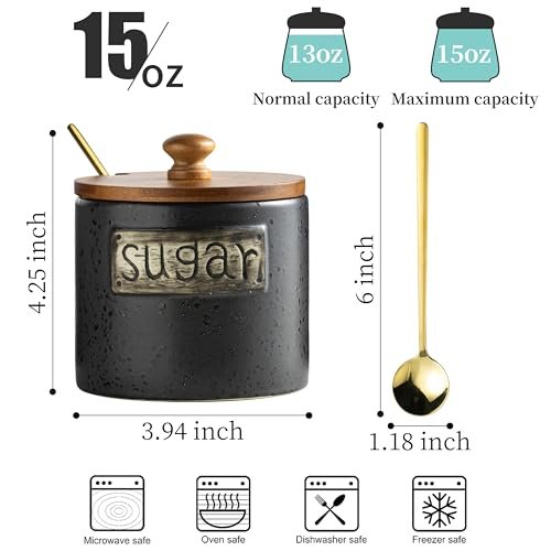 LYEOBOH Ceramic Sugar Bowl with Lid and Spoon,15 Oz Sugar Container Holder