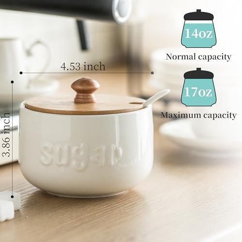 LYEOBOH Sugar Bowl with Lid and Spoon, 17 OZ Ceramic Sugar Jar for Counter