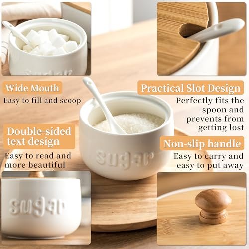 LYEOBOH Sugar Bowl with Lid and Spoon, 17 OZ Ceramic Sugar Jar for Counter