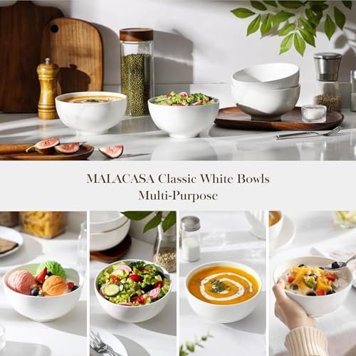 MALACASA 26 Oz White Ceramic Soup Bowls of 4, Cereal Bowls for Kitchen