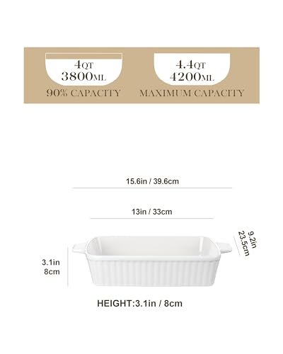 MALACASA 4.4QT Ceramic Casserole Dishes for Oven, 9x13 Baking Dishes, White