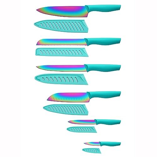 Marco Almond Kitchen Knife Set 12PC Rainbow Steel Knife Set w Cover