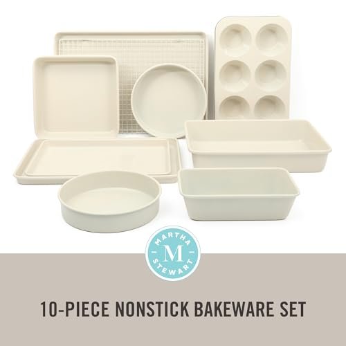 Martha Stewart Gallen 10 Piece Baking Pans Ceramic PFA Free Non Toxic Non Stick Bakeware Set - Linen White