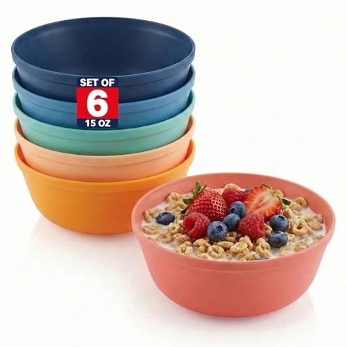 MASTERCOOK Plastic Bowls Set of 6 β 15oz Multipurpose Deep Plates Salad and Pasta Bowls Ideal for Home, Kids, Parties β Stackable Bowl for Kitchen β Non-BPA and Food Grade β Cute Colors