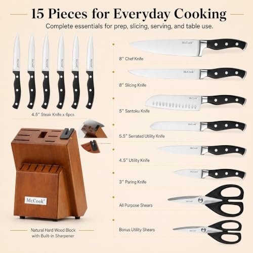McCook Kitchen Knife Set 15PC Knife Block Set w Built-in Sharpener