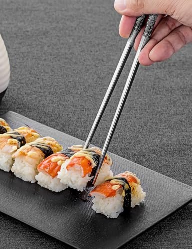 Metal Chopsticks Reusable, Non-Slip Chop Sticks Reusable Dishwasher Safe, Titanium Plated Stainless Steel Chopsticks+Floral Black 3 Pairs