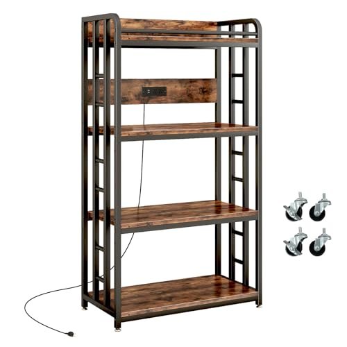 METYERRY Microwave Stand with Storage, 4-Tier Kitchen Bakers Rack with Power Outlet and USB Charging Ports, Rolling Kitchen Cart with Lockable Wheels and Adjustable Shelves for Coffee Bar, Rustic Brow