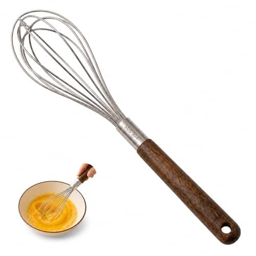 Mini Whisk 11.2 in, 304 Stainless Steel Balloon Head, Walnut Handle