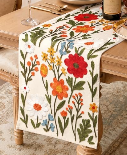 Miss Adola Embroidered Canvas Table Runner 13"x72", Wild Flower