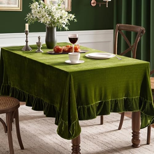 MIULEE Velvet Tablecloth with Decorative Ruffle 60x120 Inch Olive Green