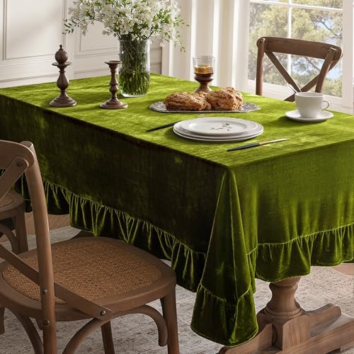 MIULEE Velvet Tablecloth with Decorative Ruffle 60x120 Inch Olive Green