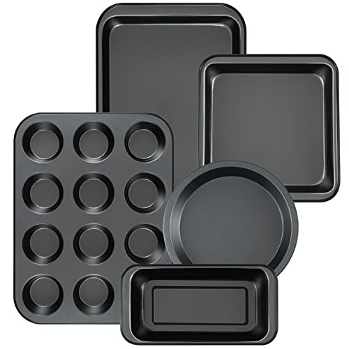 mobzio Kitchen 5-Piece Nonstick Bakeware Set - Round/Square Cake Pans, Muffin Pan, Loaf Pan, Roast Pan & Baking Sheets