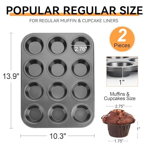 Muffin Tin, 12-Well Nonstick Cupcake Pan Set of 2, Heavy Duty Steel Muffin Pan