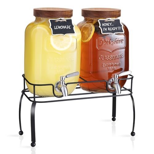 Mustry 1 Gallon Glass Drink Dispenser for Parties with Stand, 2 Pcs