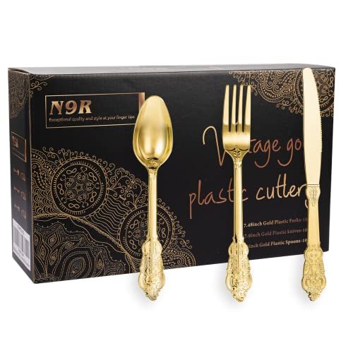 N9R 300PCS Gold Plastic Silverware, Vintage Disposable Utensils & Cutlery