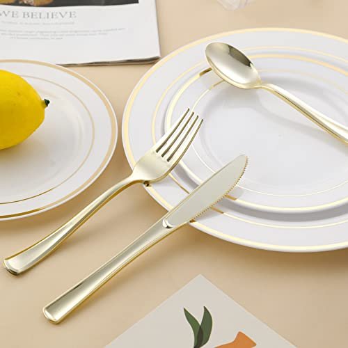 N9R 50PCS Gold Plastic Forks Disposable, Heavy Duty Silverware Forks