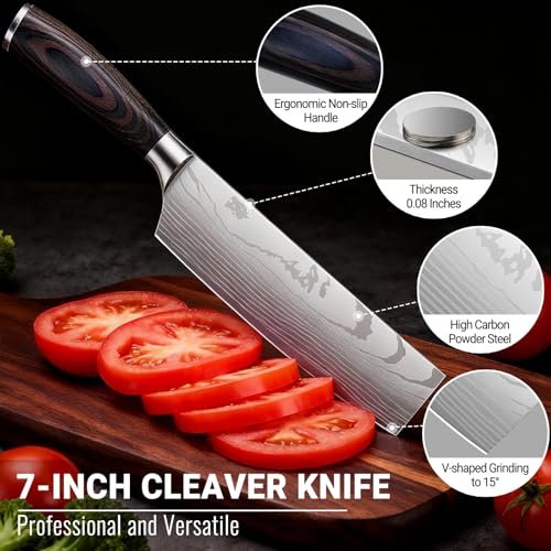 Nakiri Knife 7 Inch Sharp Meat Cleaver and Vegetable Kitchen Knife Damascus Asian Chef Knife for Home and Kitchen with Ergonomic Handle High Carbon Stainless Steel knife Chef Cooking Gift