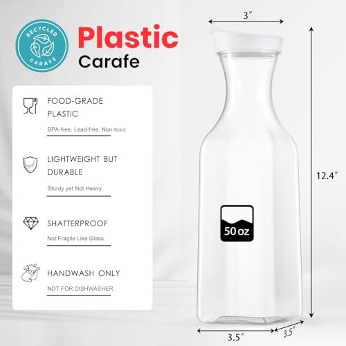 NETANY Plastic 50 Oz Water Carafe with Flip Top Lid, Set of 2 Square Base Juice Containers, Clear Plastic Pitcher - for Water, Iced Tea, Juice, Beverage, Cold Brew and Mimosa Bar - HAND WASH ONLY