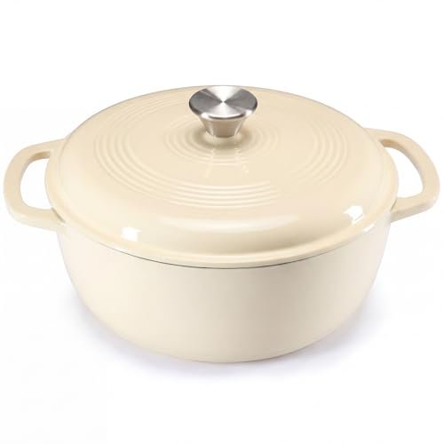 NEWBULIG Cast Iron Dutch Oven, 6 Quart Enamel Dutch Oven Pot with Lid, Heavy Duty Cookware for Sourdough Bread, Braising, Stews, Roasting, Safe up to 500Β°F, Beige