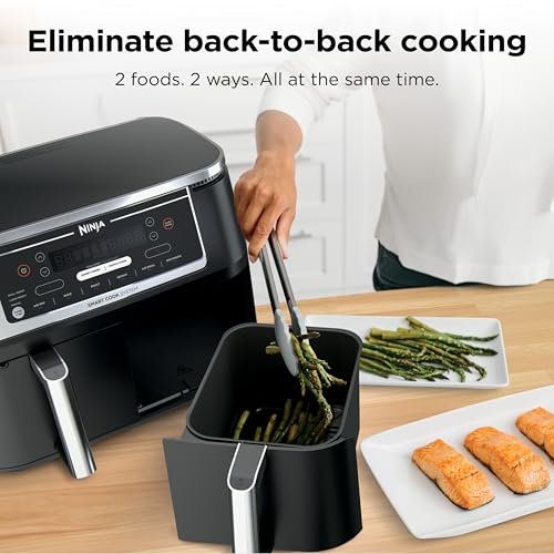 Ninja DZ550 Foodi 10 Quart 6-in-1 DualZone Smart XL Air Fryer with 2 Independent Baskets, Thermometer for Perfect Doneness, Match Cook and Finish to Roast, Dehydrate and More, Black