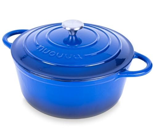 Nuovva Enamelled Cast Iron Dutch Oven Pot with Lid-6.4 Quart Non Stick Casserole Pot-Heavy Duty & Oven Safe up to 500Β° F for Bread Baking, Braising, Stews, Roasting - 28cm Dark Blue