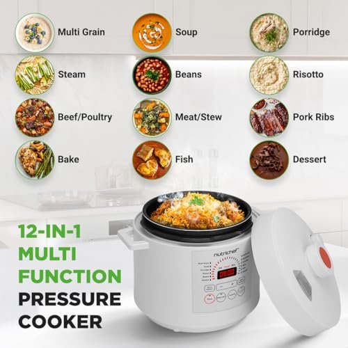 NutriChef 6 Quart Electric Pressure Cooker | 12 Function Digital Countertop Pressure Cooker | Adjustable Time & Temperature | Re-heat and Keep Warm Function | 13.1 x 11.4 IN | White