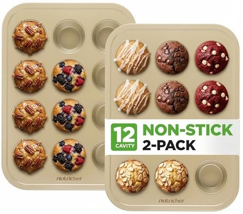 NutriChef Muffin Pans for Baking 2-Pack | Nonstick 12 Mold Cupcake Tins | Carbon Steel Stackable Cup Cake Trays | Dishwasher & Oven Safe | Includes 100 Parchment Paper Liners | 13 x 10 x 1 | Gold